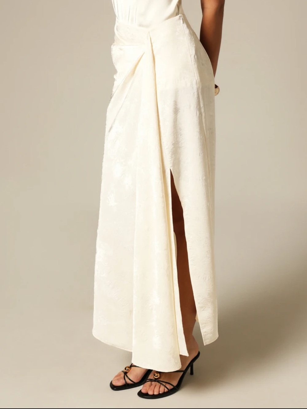 Ivory off white cream textured side slit front Draped midi Maxi Skirt - Picture 6 of 6